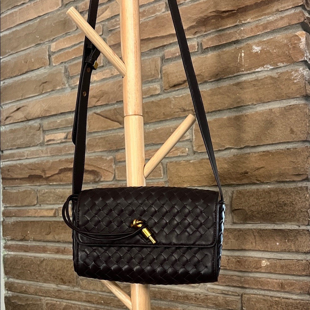 Woven Crossbody Bag in Dark Brown with Gold Accent